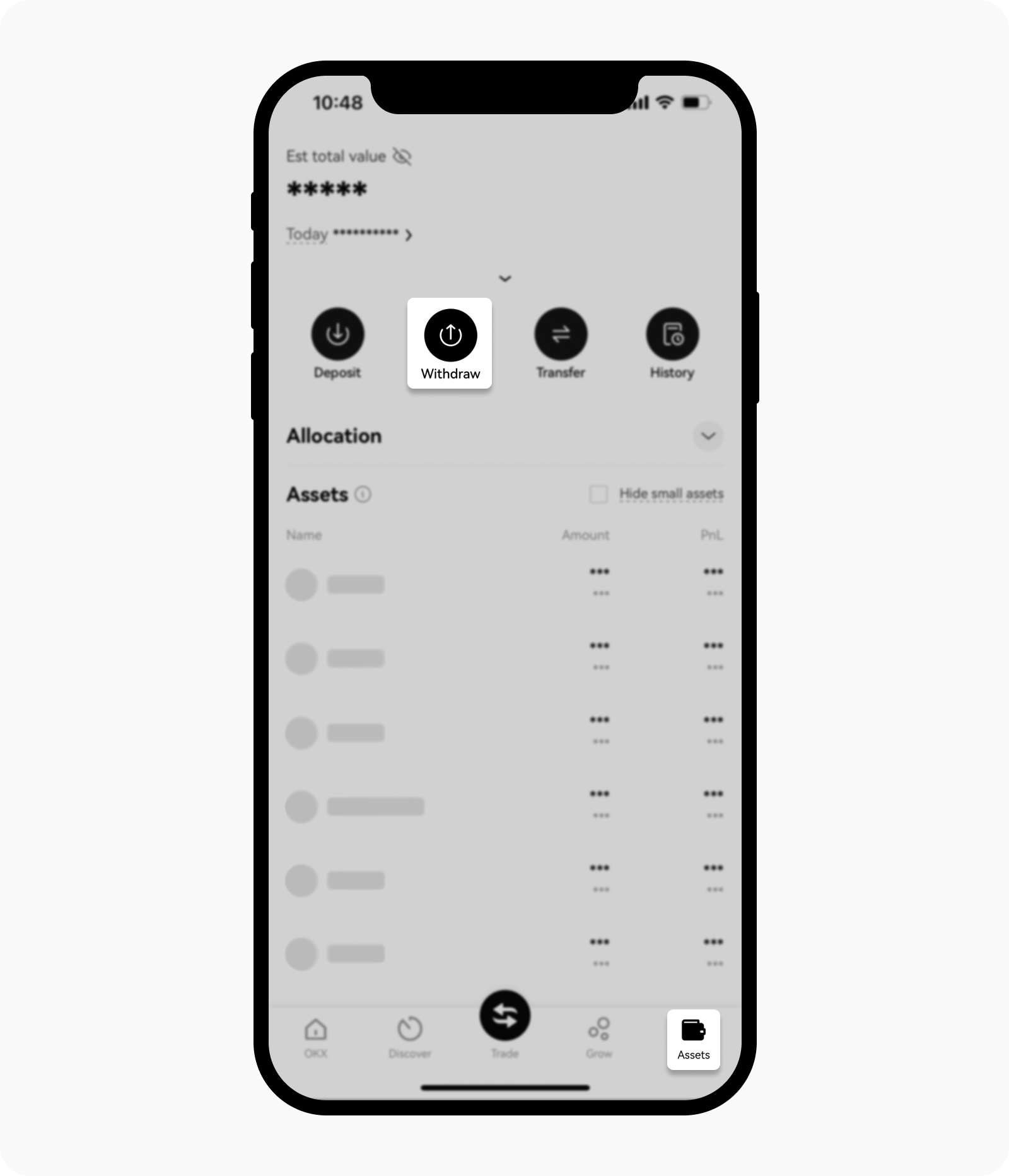 Open withdrawal page from Assets page on OKX app