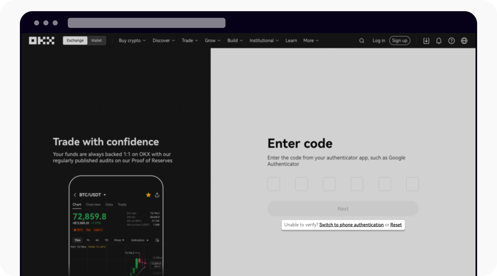 Select reset to reset your authentication methods