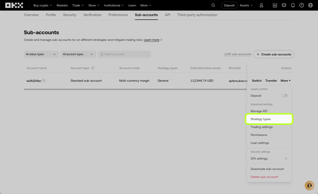 Strategy type via main acct