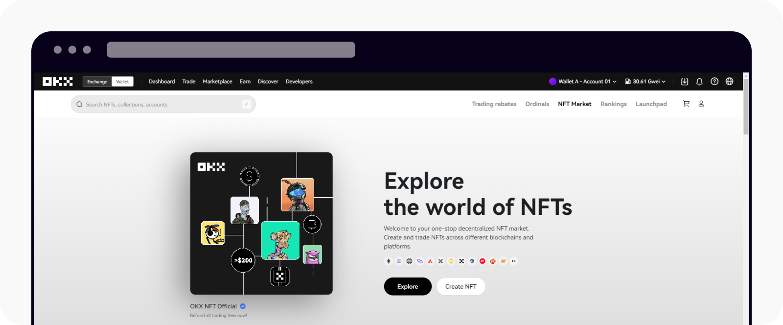 Opening NFT Market page to start exploring NFTs