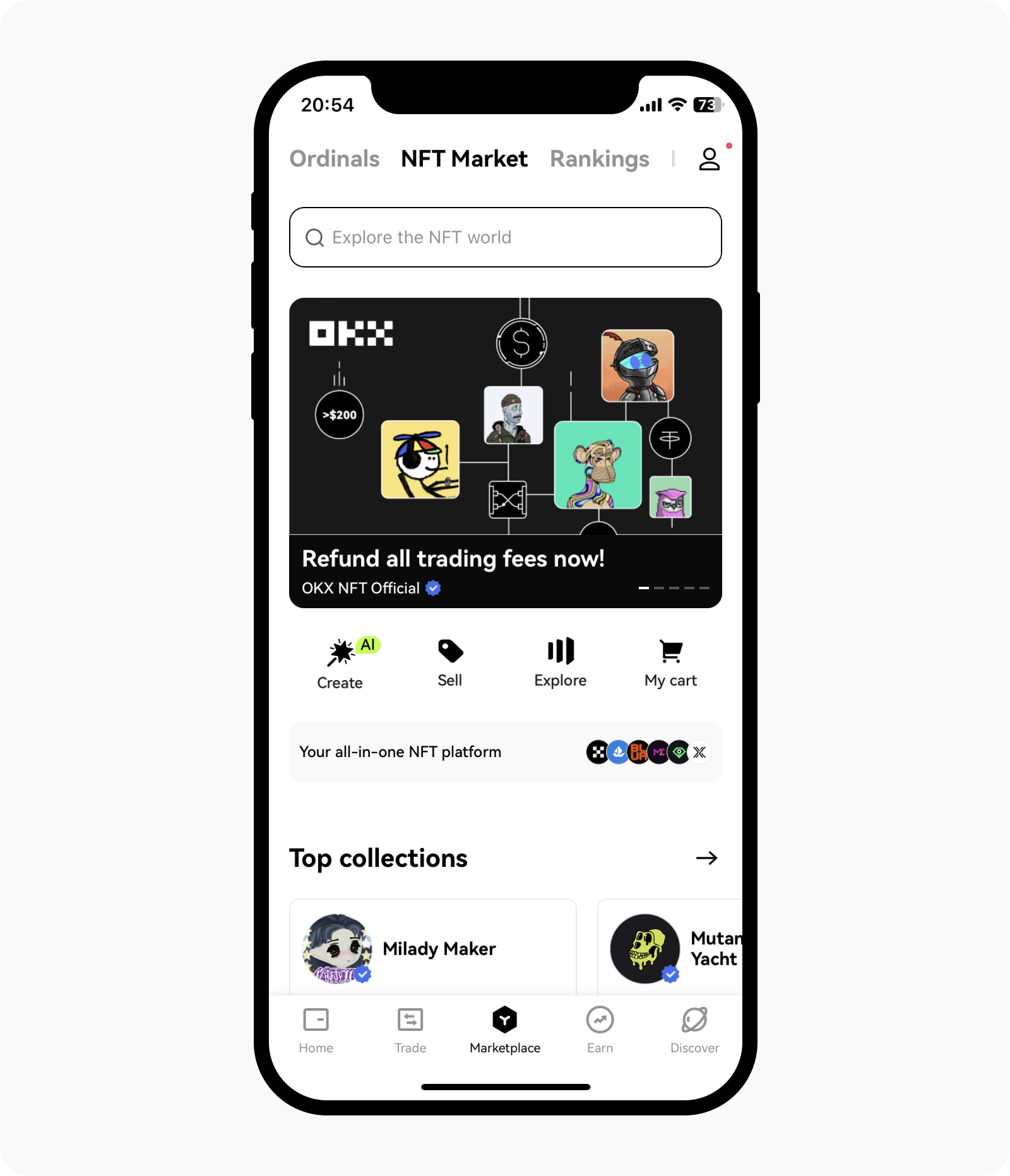 Open Marketplace and select NFT Market to explore NFTs