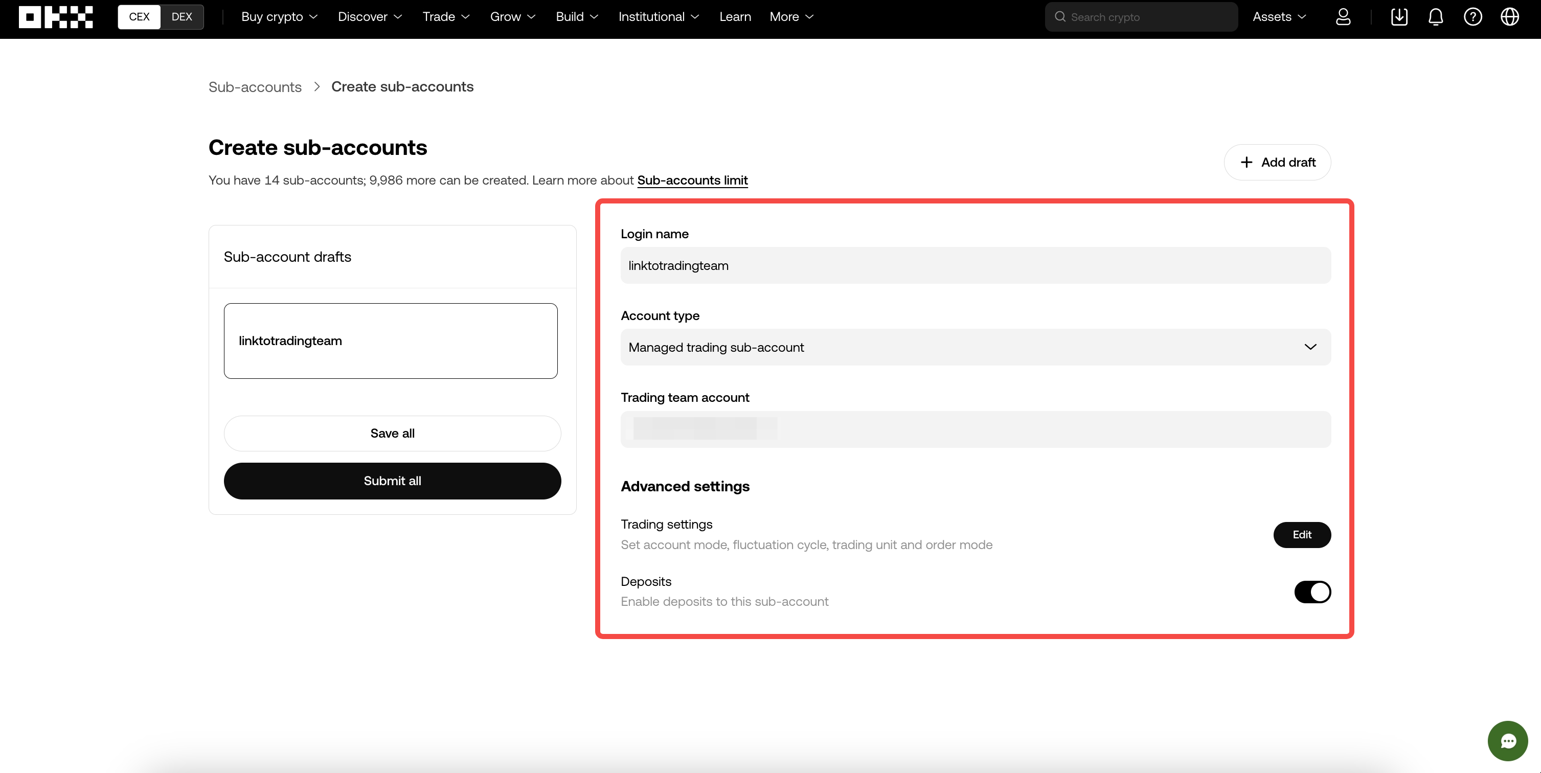 Create sub-accounts inputs