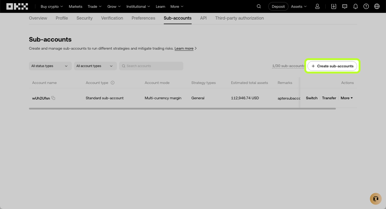 Strategy type via sub acct creation