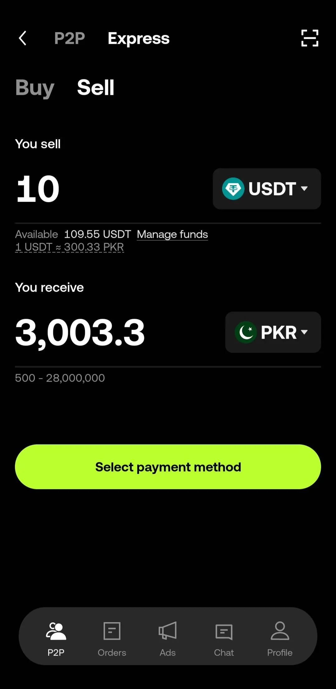 [Screenshot 11: Sell Crypto page with Express selected]