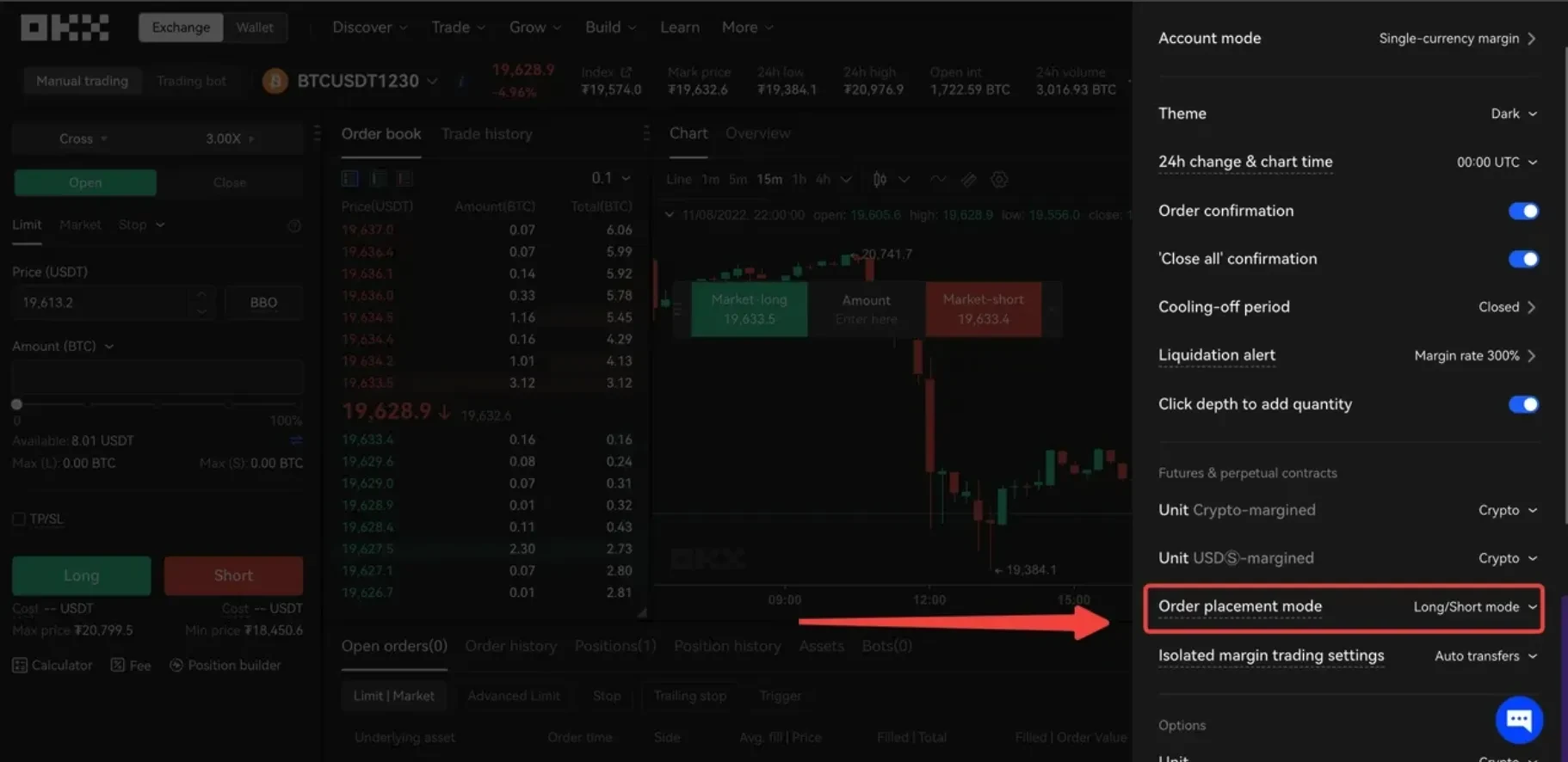 Enable long/short order placement mode on OKX